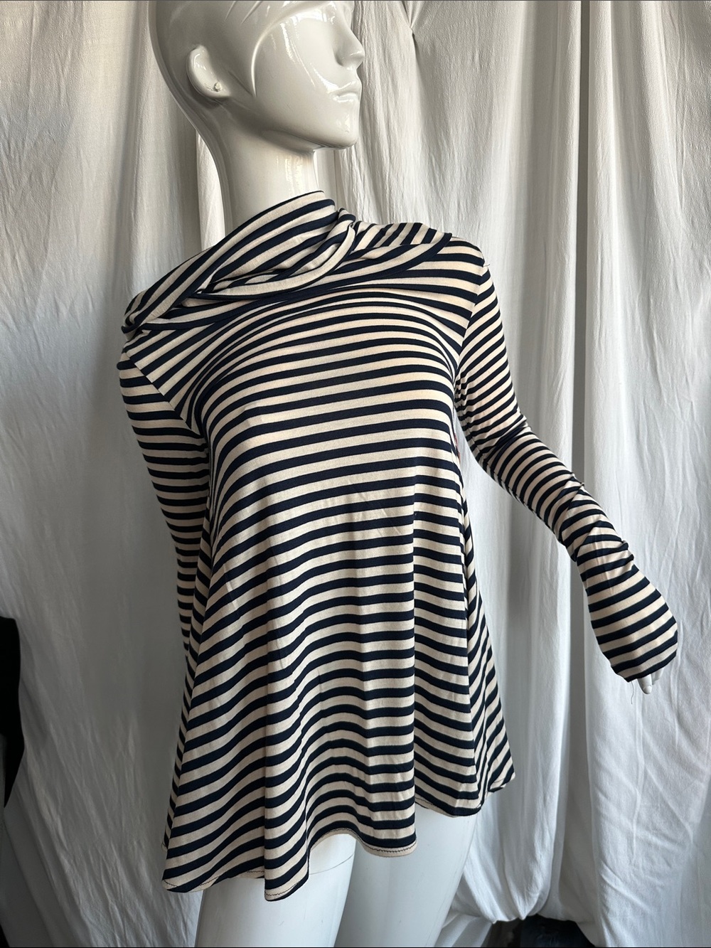 Stripe Navy and Creme A line or Trapeze cut cowl neck Elongated sleeve Top Tee